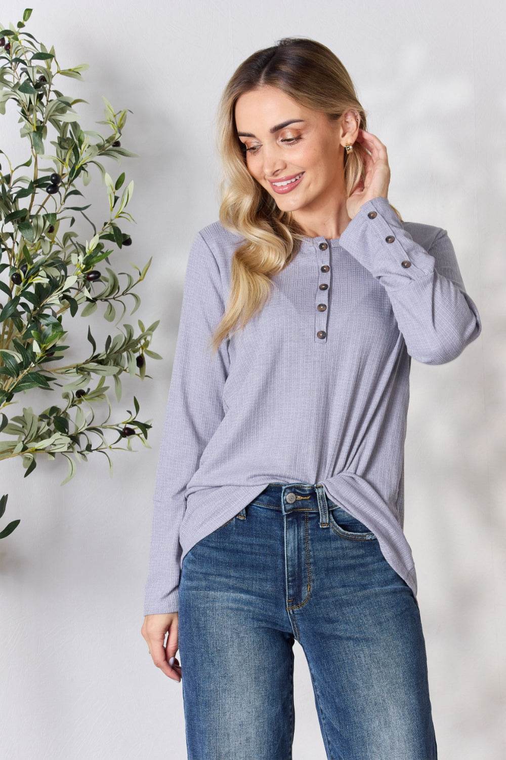 Heimish Full Size Texture Half Button Long Sleeve Top - DaTrendStore.Com