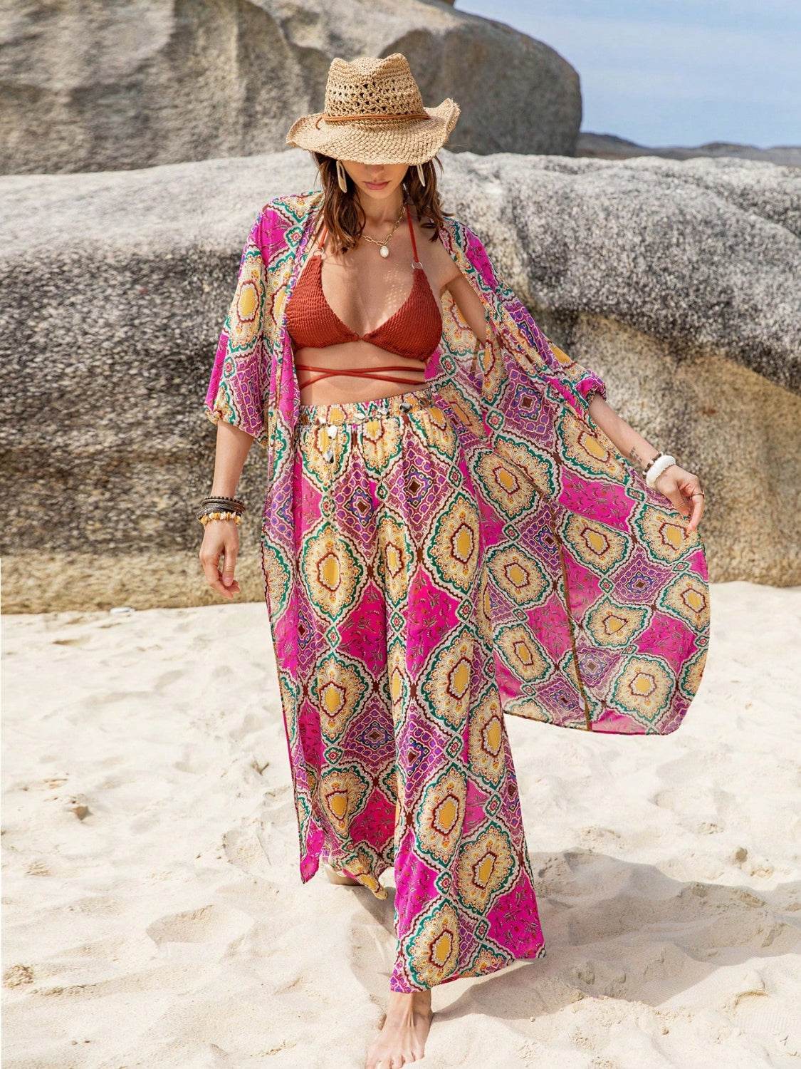 Printed Open Front Cardigan and Pants Set - DaTrendStore.Com