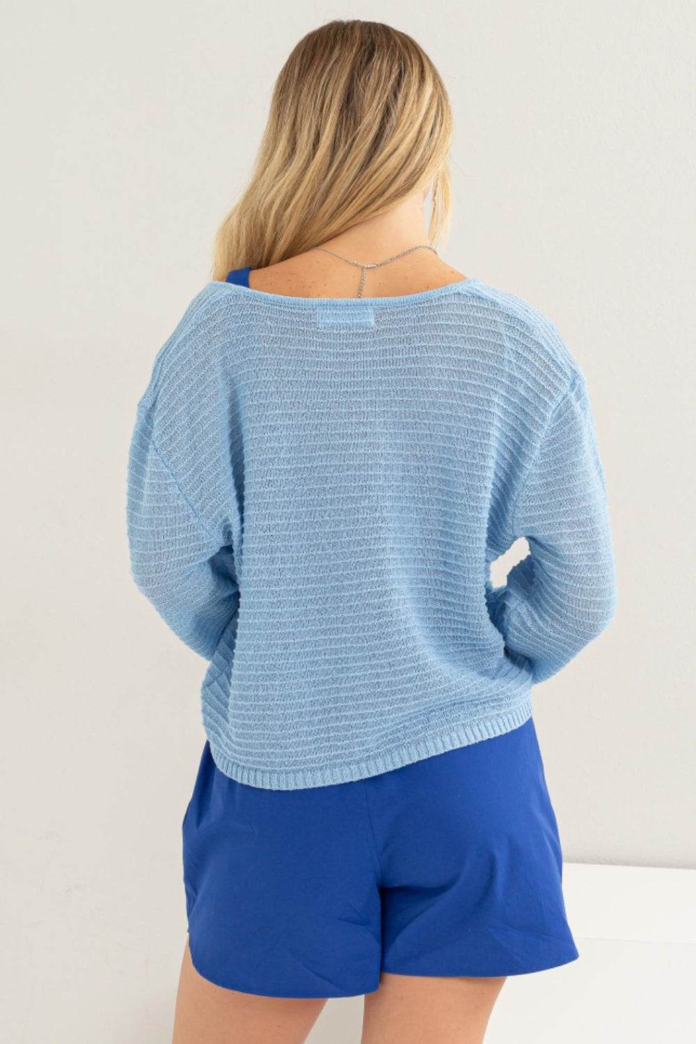 HYFVE V-Neck Stripe Texture Long Sleeve Top - DaTrendStore.Com