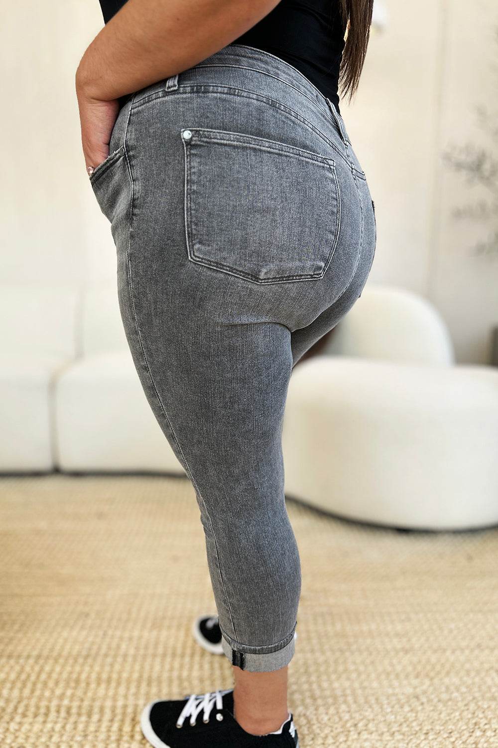 Judy Blue Full Size Button Fly High Waist Cuffed Capris - DaTrendStore.Com