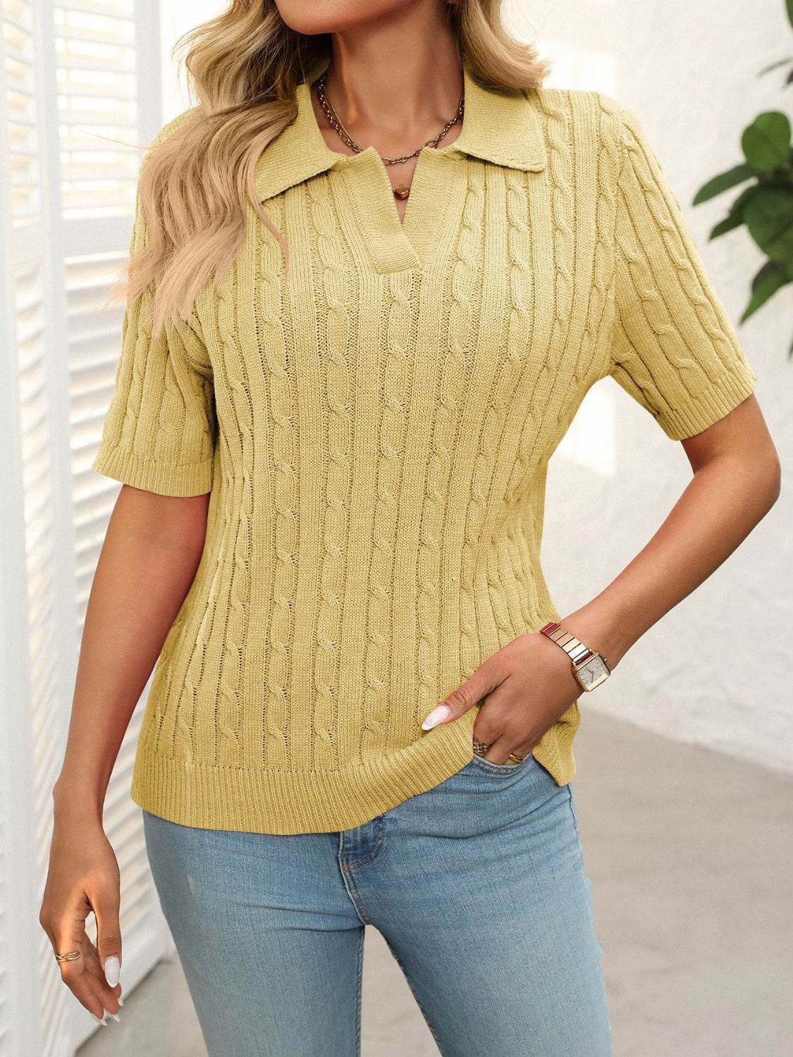 Mandy Cable Knit Johnny Collar Half Sleeve Sweater - DaTrendStore.Com