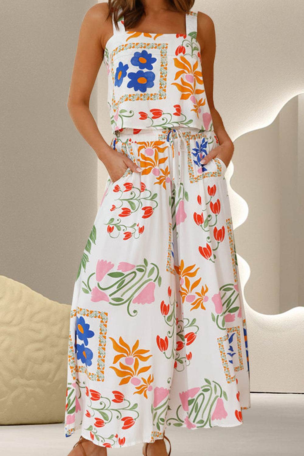 Printed Square Neck Top and Pants Set - DaTrendStore.Com
