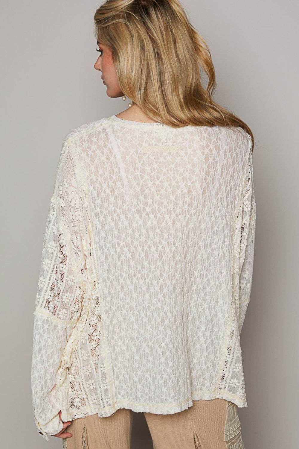 POL Round Neck Long Sleeve Raw Edge Lace Top - DaTrendStore.Com