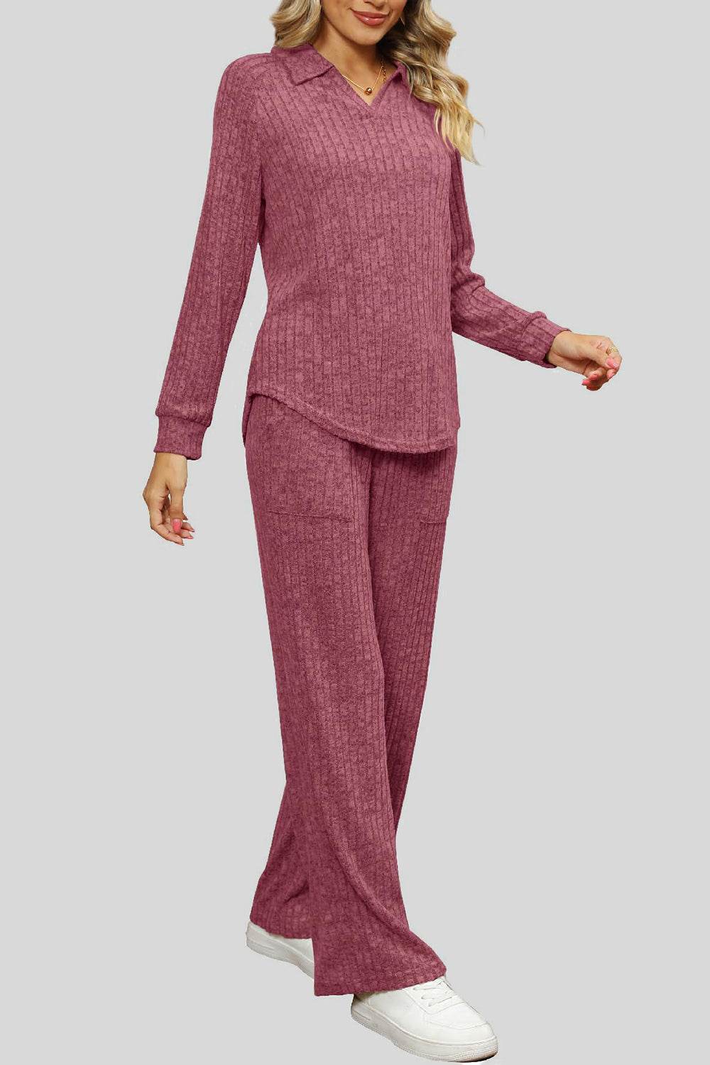Ribbed Long Sleeve Top and Pocketed Pants Set - DaTrendStore.Com