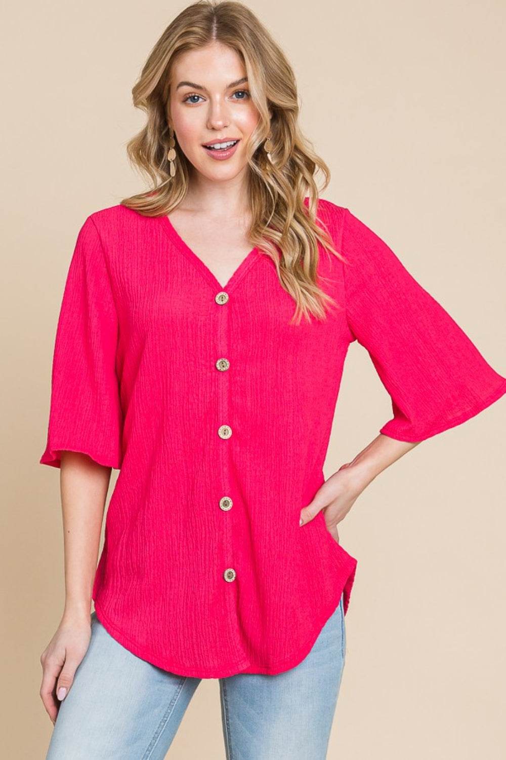 BOMBOM Texture Decorative Button V-Neck Top - DaTrendStore.Com