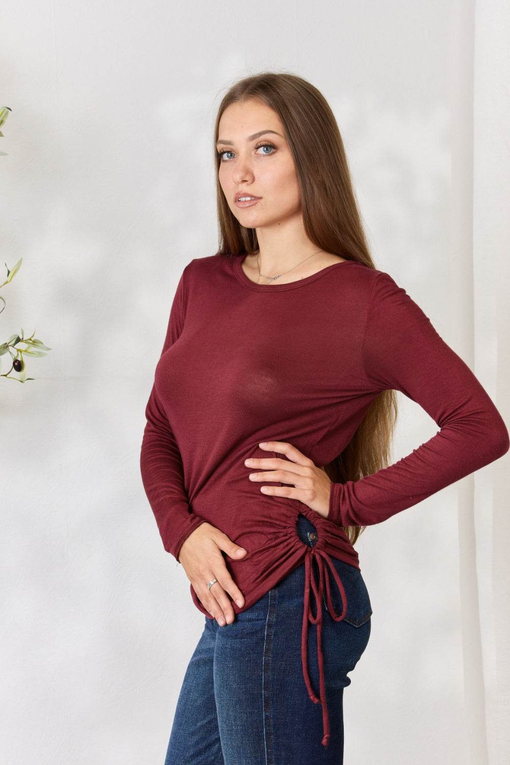 Culture Code Full Size Drawstring Round Neck Long Sleeve Top - DaTrendStore.Com