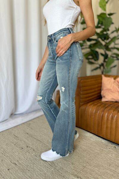 Judy Blue Full Size Medium Rise Tummy Control Destroy Flare - DaTrendStore.Com
