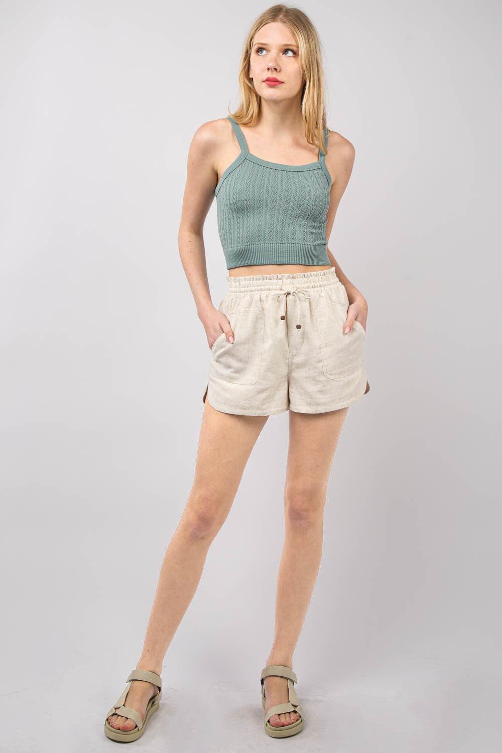 VERY J Drawstring Elastic Waist Linen Shorts - DaTrendStore.Com
