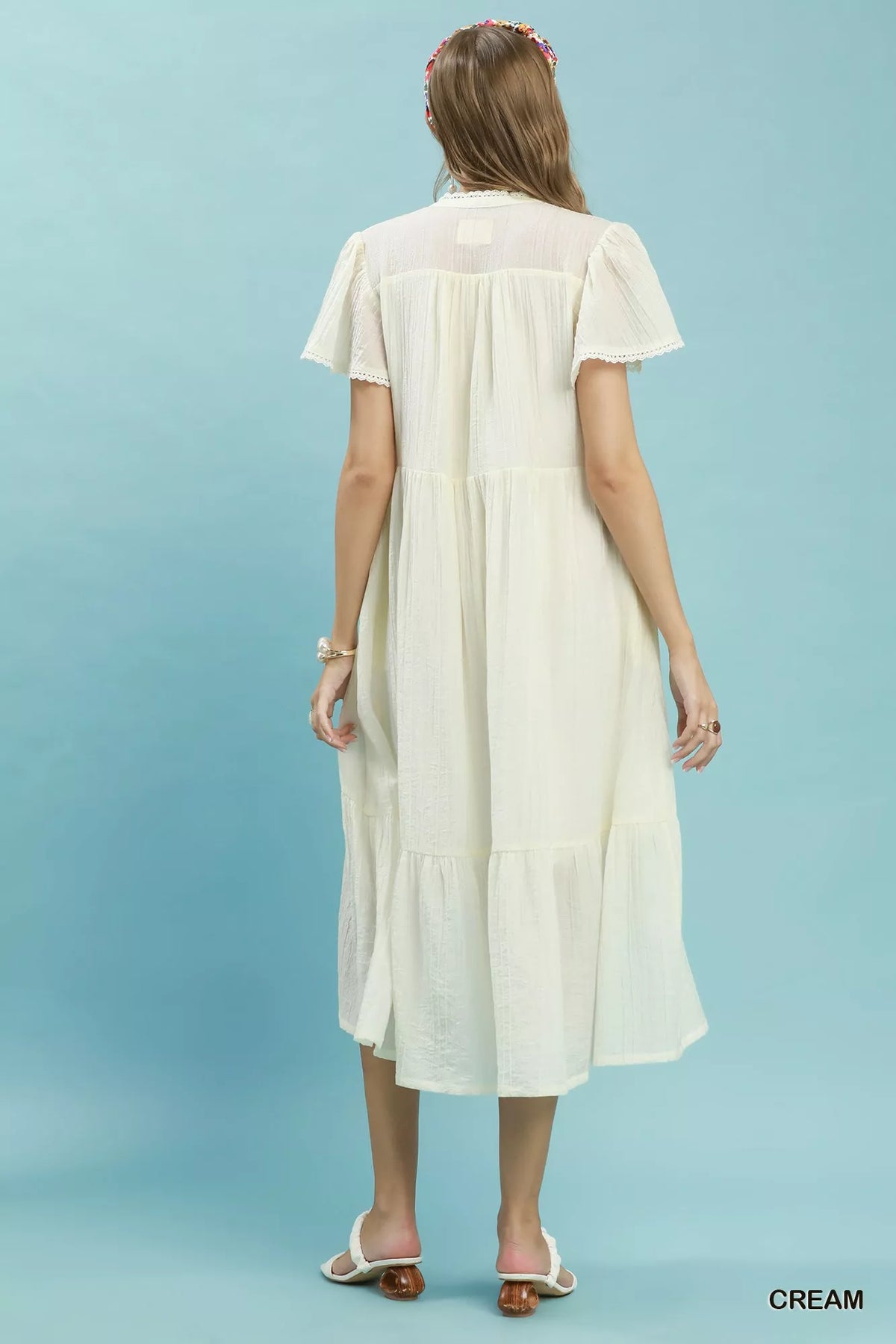 Umgee Textured Tiered Midi Dress with Side Pockets - Cream