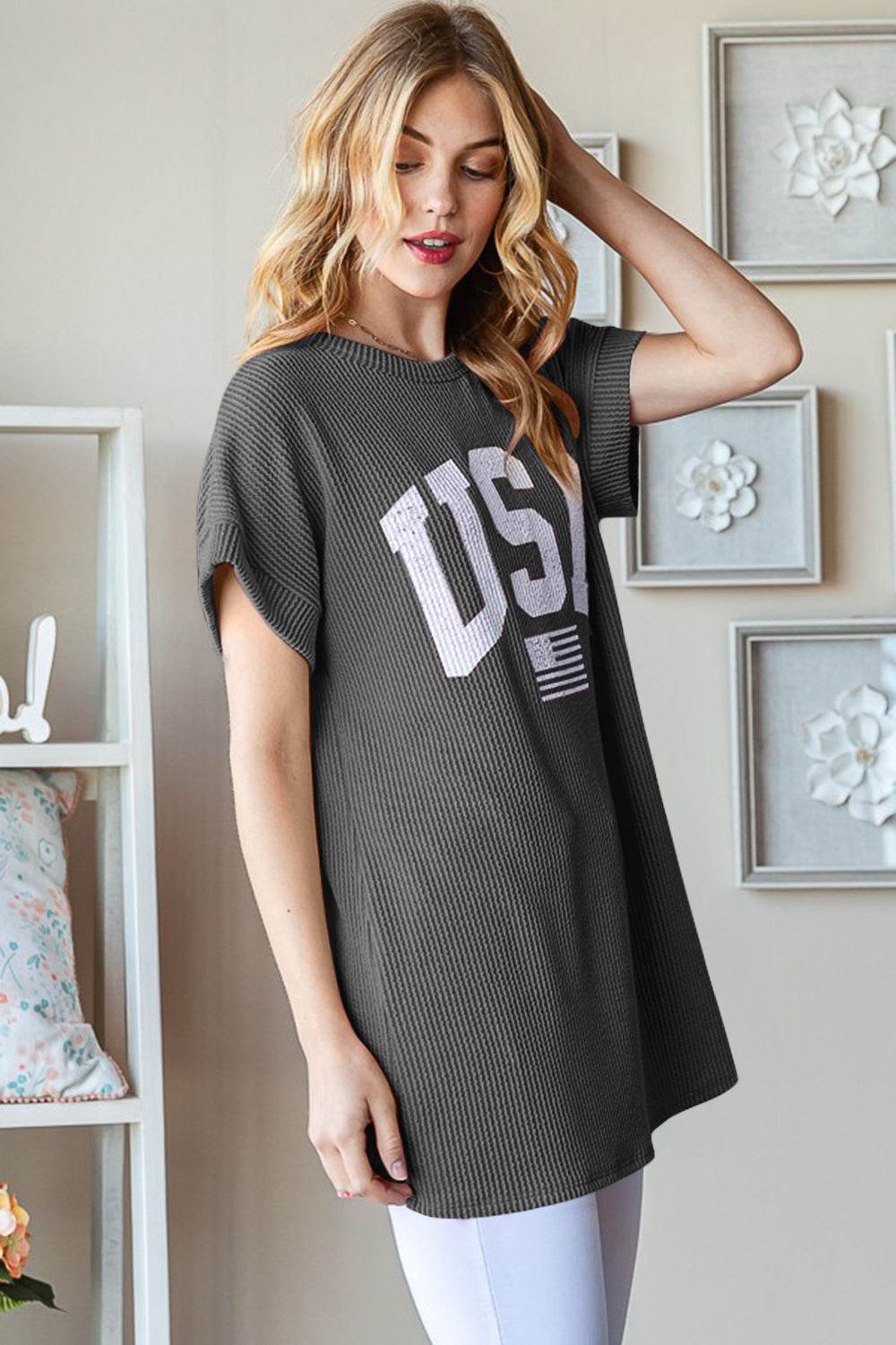 Heimish Full Size USA Graphic Short Sleeve Ribbed Top - DaTrendStore.Com