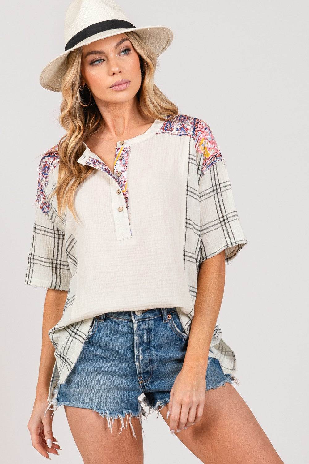 SAGE + FIG Plaid Half Button Gauze Top - DaTrendStore.Com