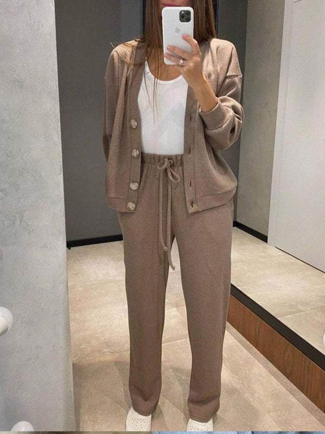 Full Size Button Up Long Sleeve Top and Pants Set - DaTrendStore.Com