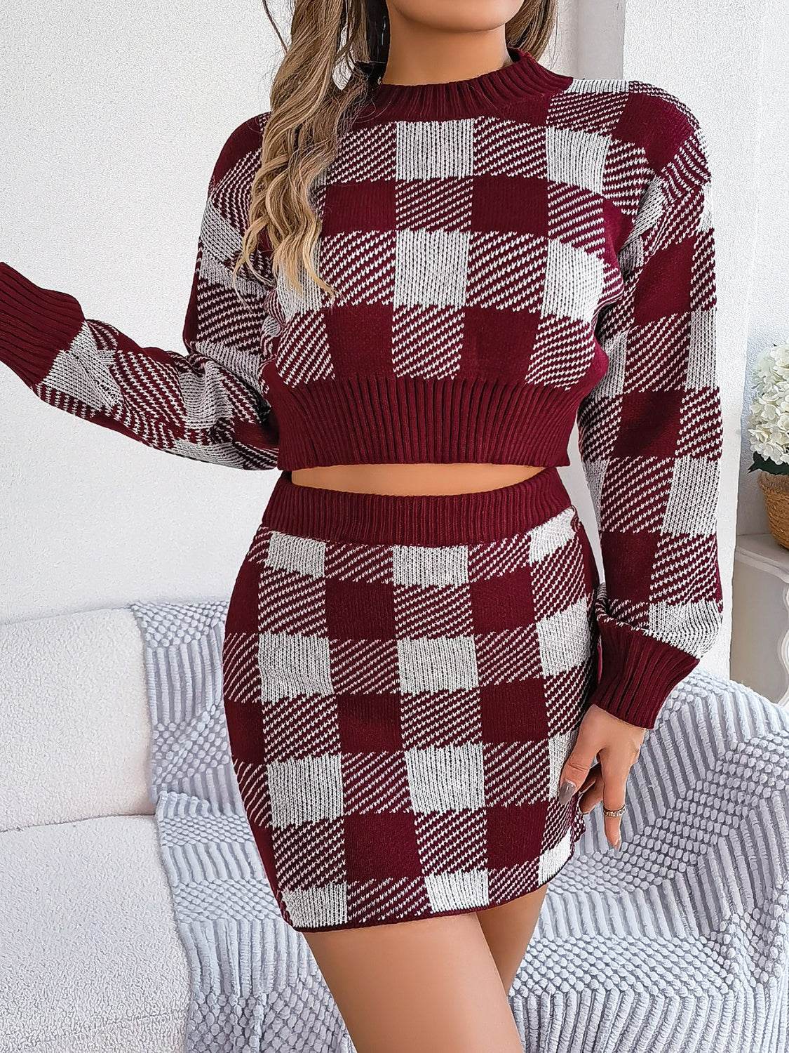 Plaid Round Neck Top and Skirt Sweater Set - DaTrendStore.Com