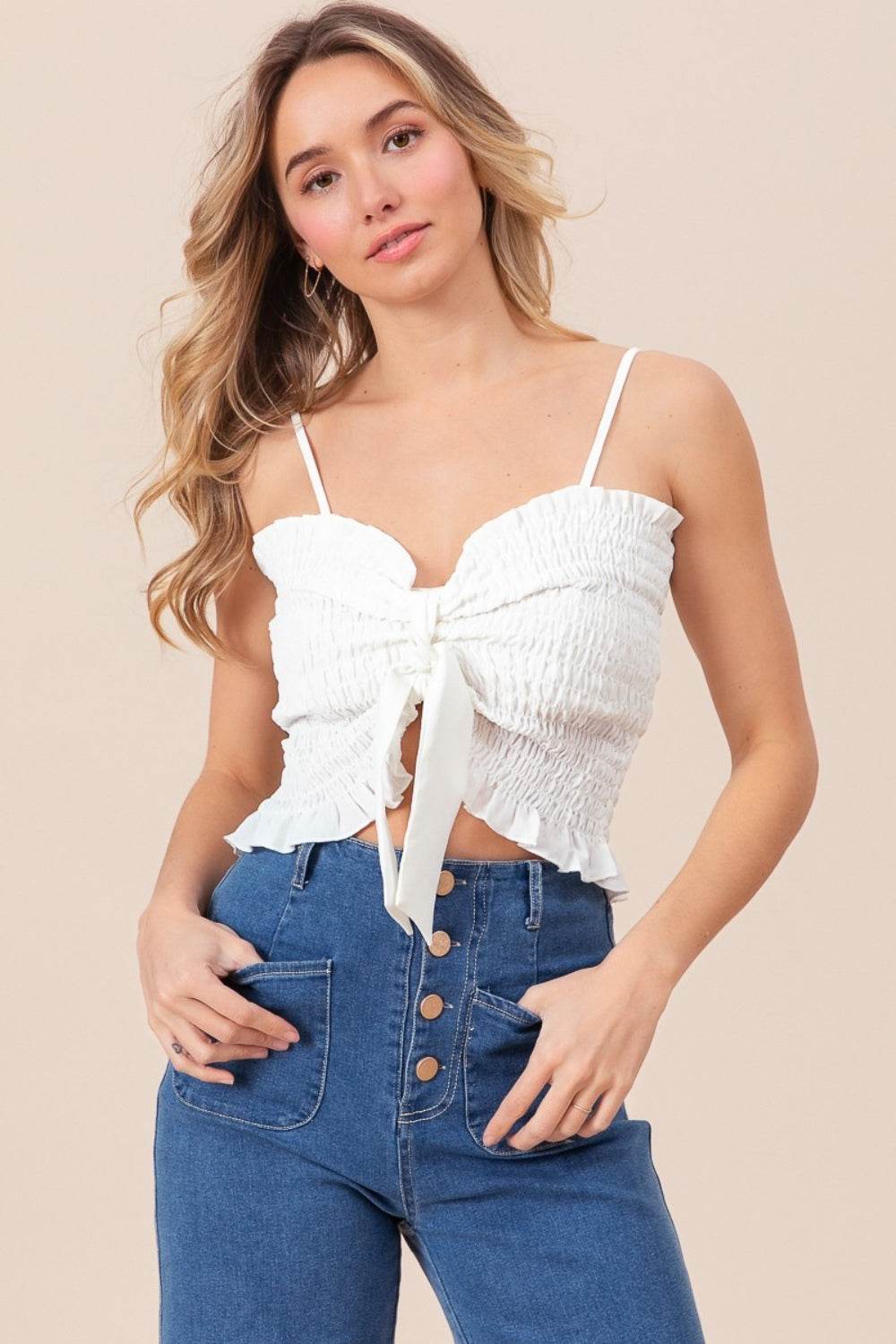 BiBi Ruffled Smocked Ribbon Detail Cami - DaTrendStore.Com