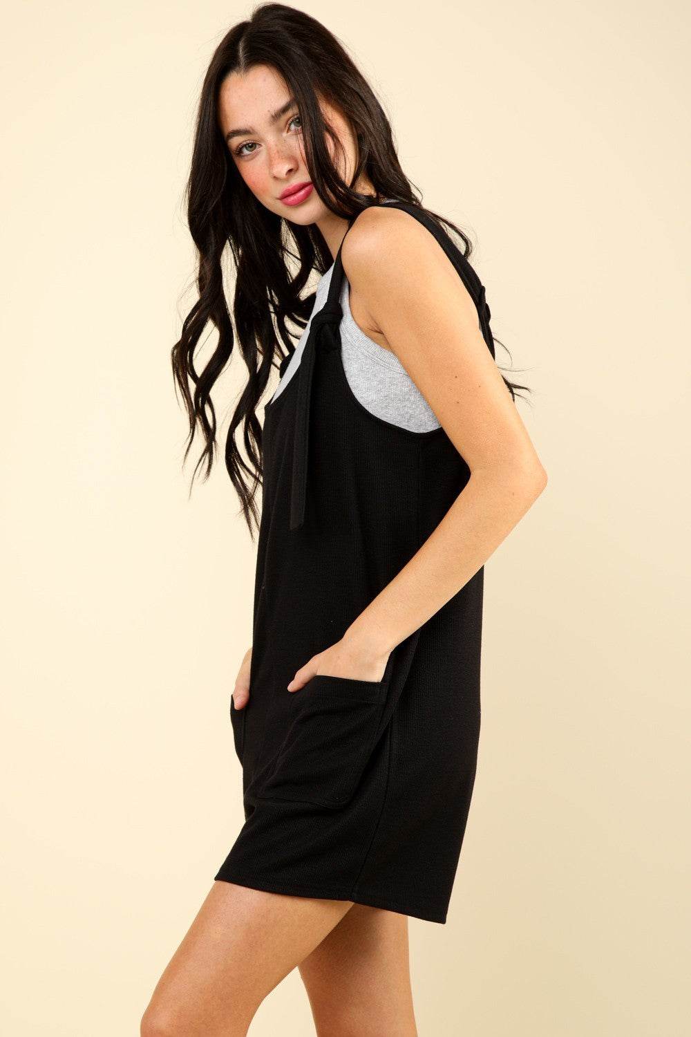 VERY J Tie Shoulder Front Pocket Romper - DaTrendStore.Com