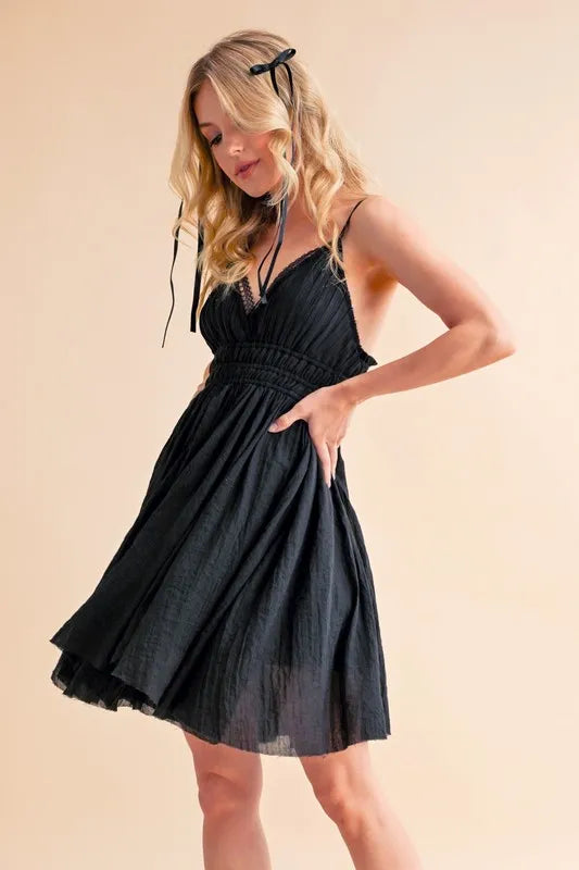 Aemi+Co Black Lace-Detail Mini Cami Dress