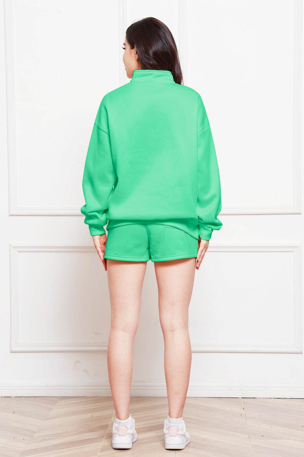 Half Zip Long Sleeve Sweatshirt and Drawstring Shorts Set - DaTrendStore.Com