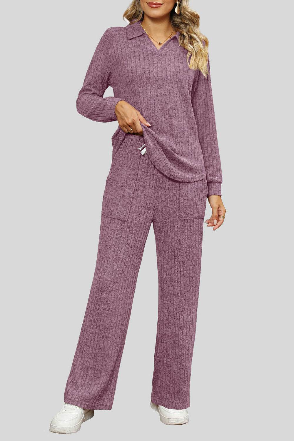 Ribbed Long Sleeve Top and Pocketed Pants Set - DaTrendStore.Com