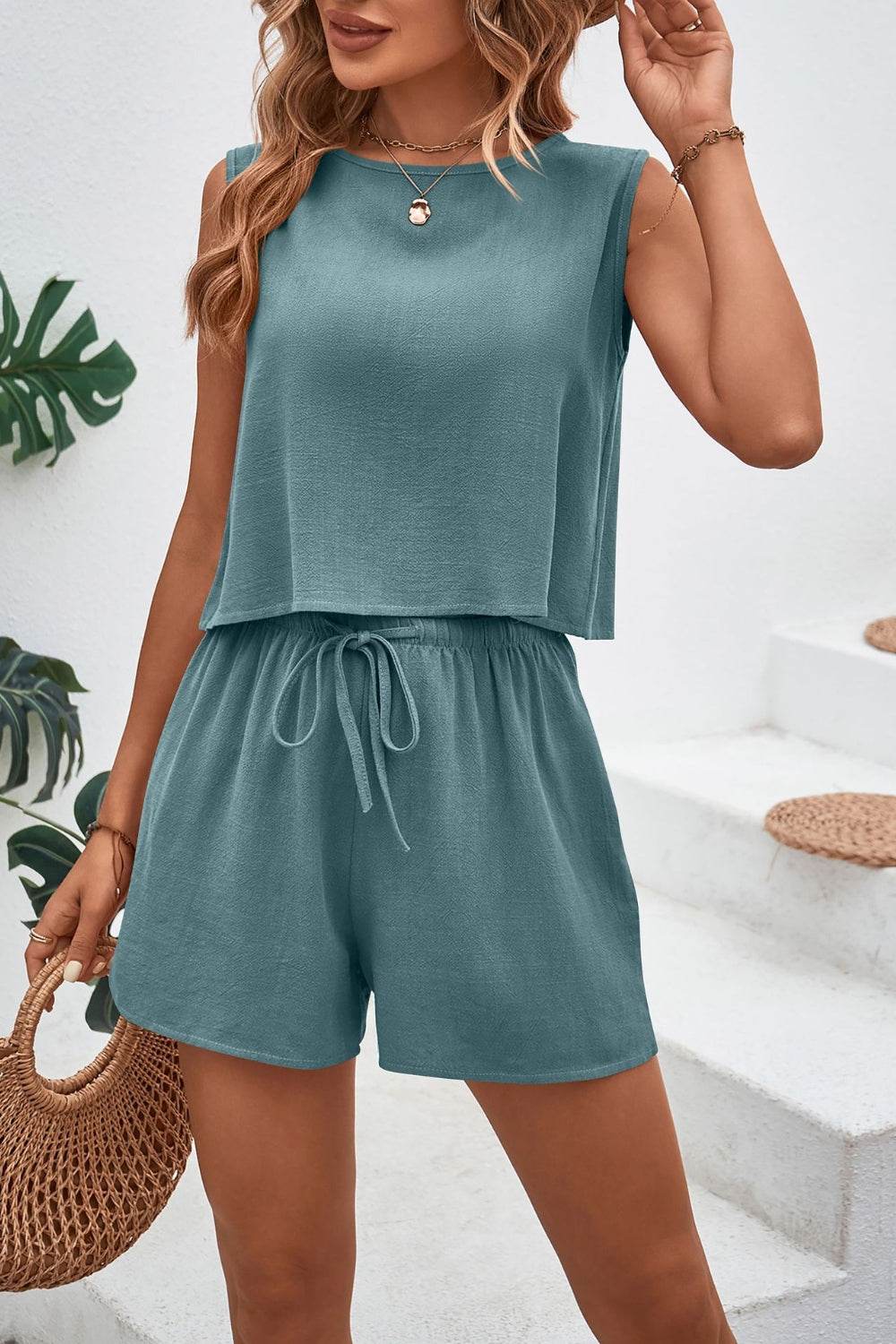 Round Neck Top and Drawstring Shorts Set - DaTrendStore.Com