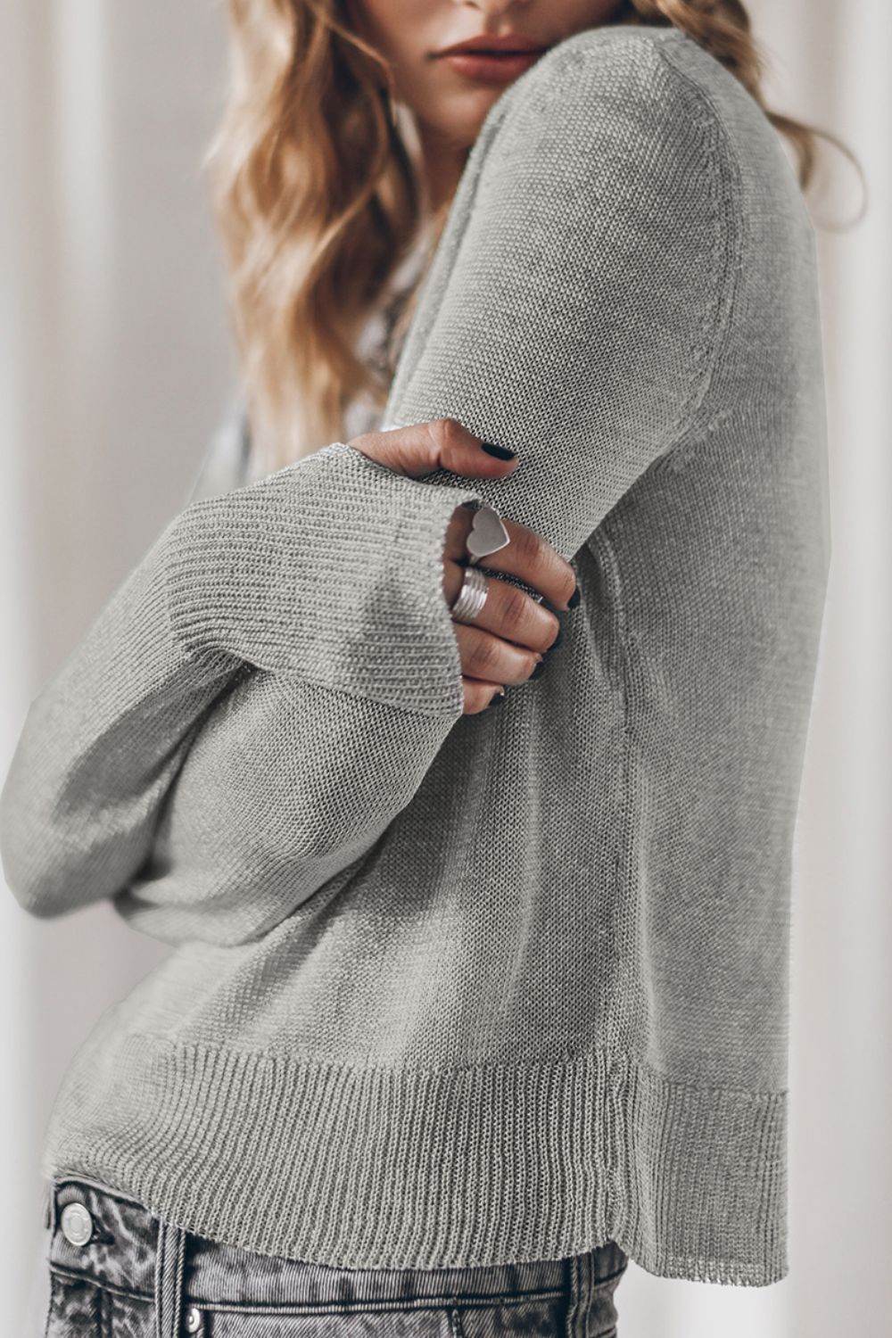 Ribbed Hem Round Neck Long Sleeve Sweater - DaTrendStore.Com
