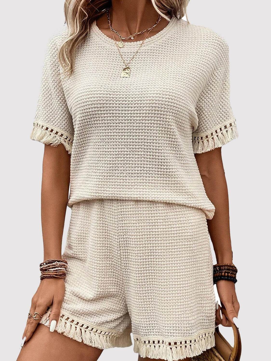 Tassel Round Neck Top and Shorts Set - DaTrendStore.Com