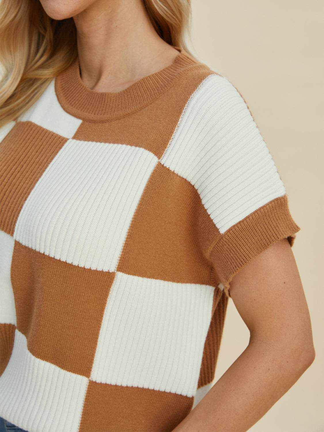 Double Take Full Size Checkered Round Neck Short Sleeve Sweater - DaTrendStore.Com