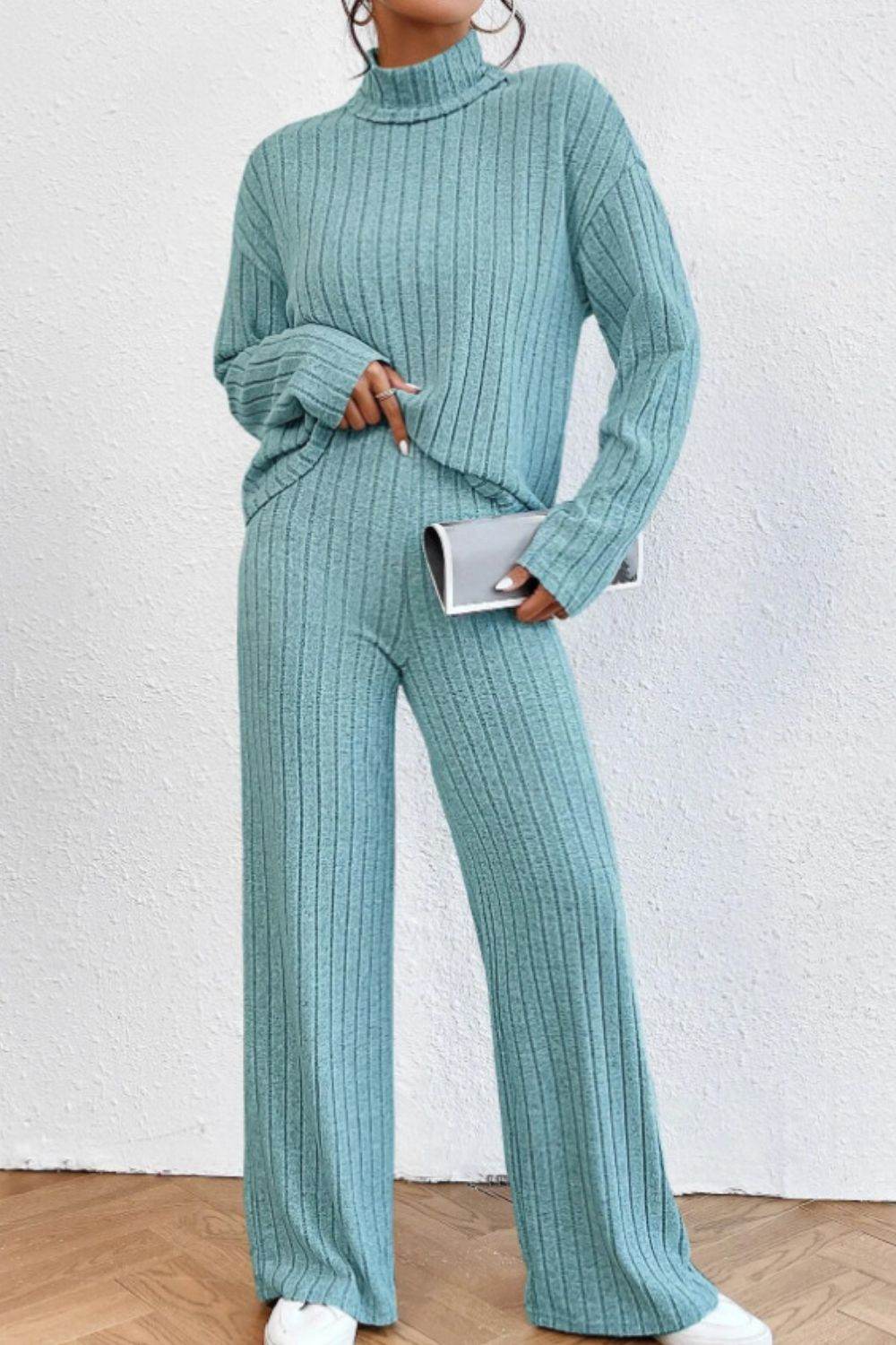 Mock Neck Dropped Shoulder Top and Pants Set - DaTrendStore.Com