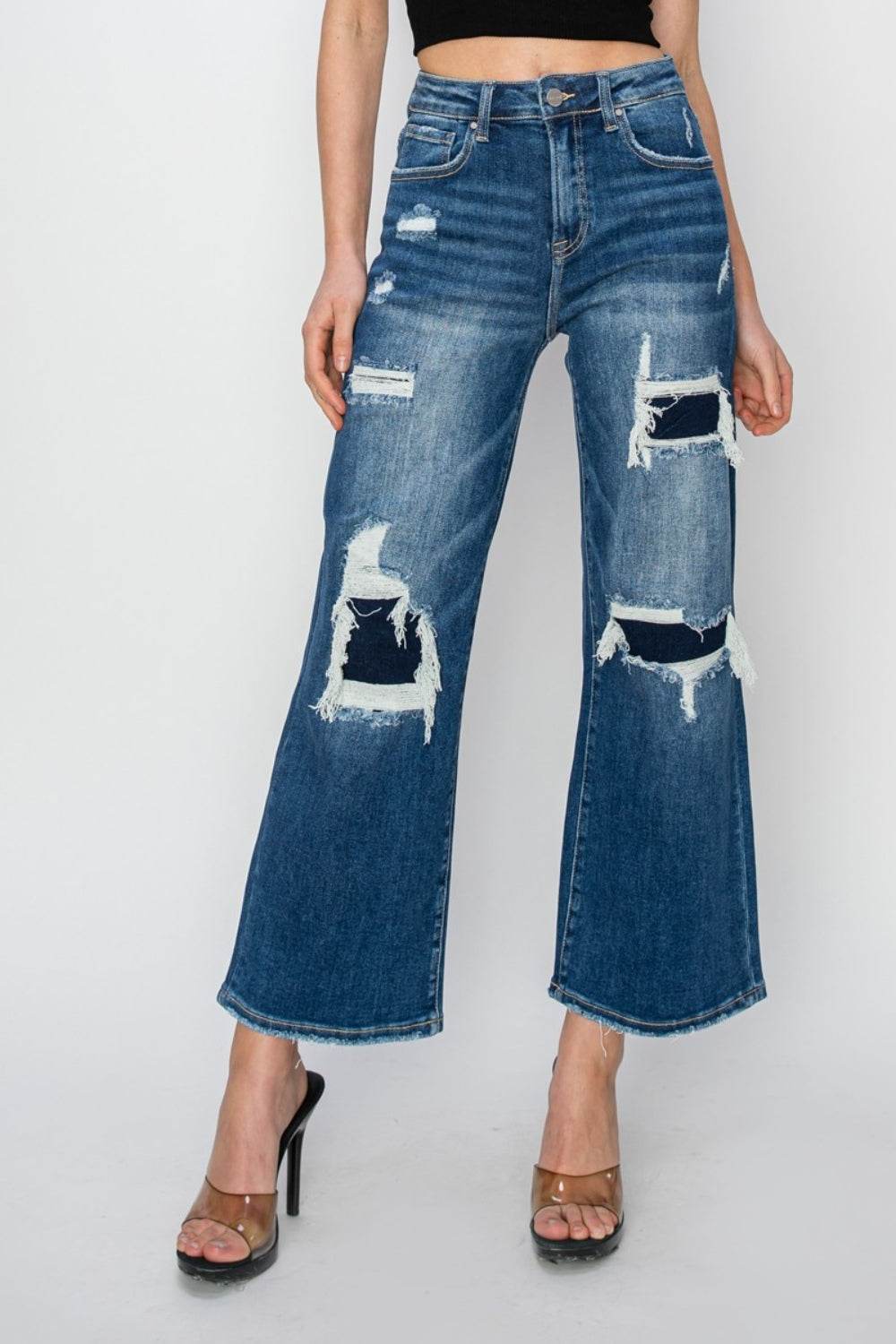 Risen Full Size High Rise Patch Detailed Wide Leg Crop Jeans - DaTrendStore.Com