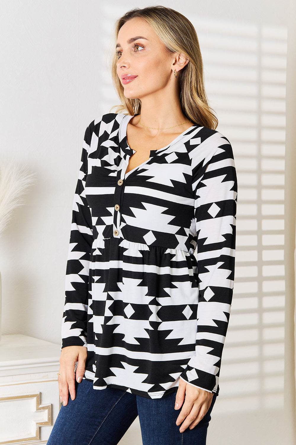 Heimish Full Size Geometric Notched Neck Long Sleeve Top - DaTrendStore.Com