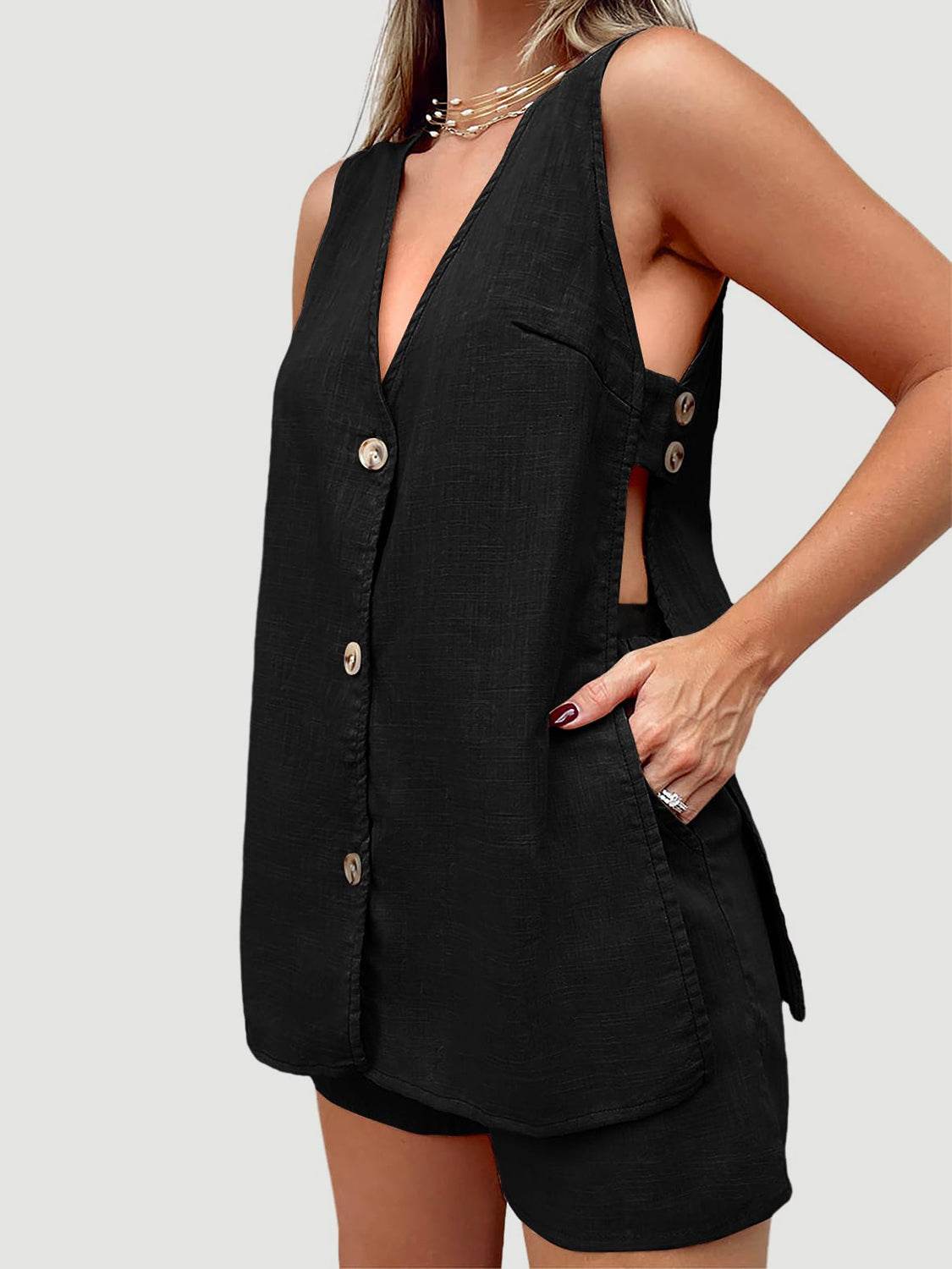Full Size Button Up Top and Shorts Set - DaTrendStore.Com