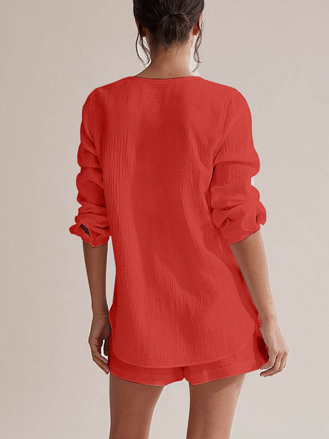 Notched Long Sleeve Top and Shorts Set - DaTrendStore.Com