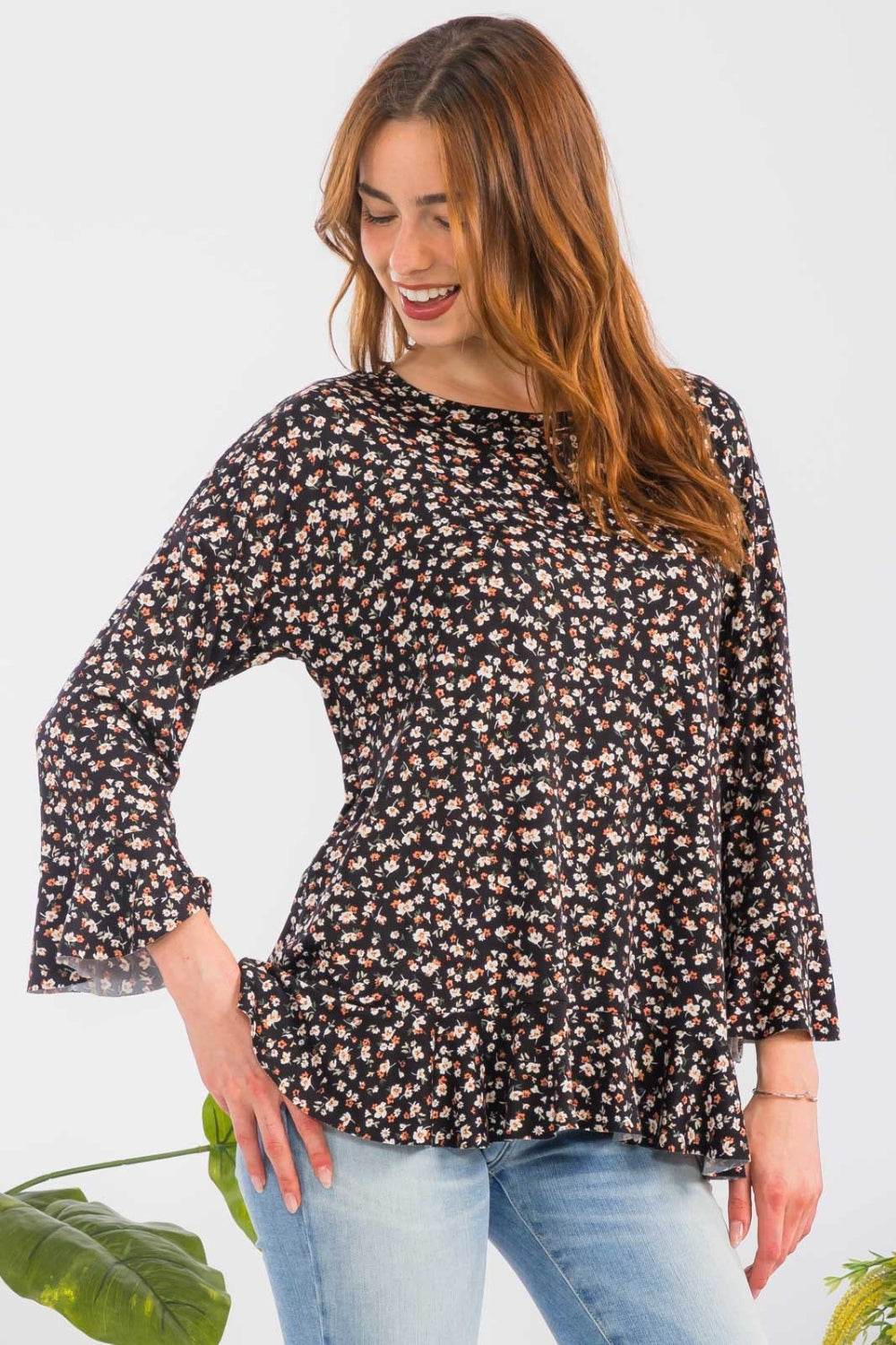 Celeste Full Size Floral Ruffle Detail Top - DaTrendStore.Com