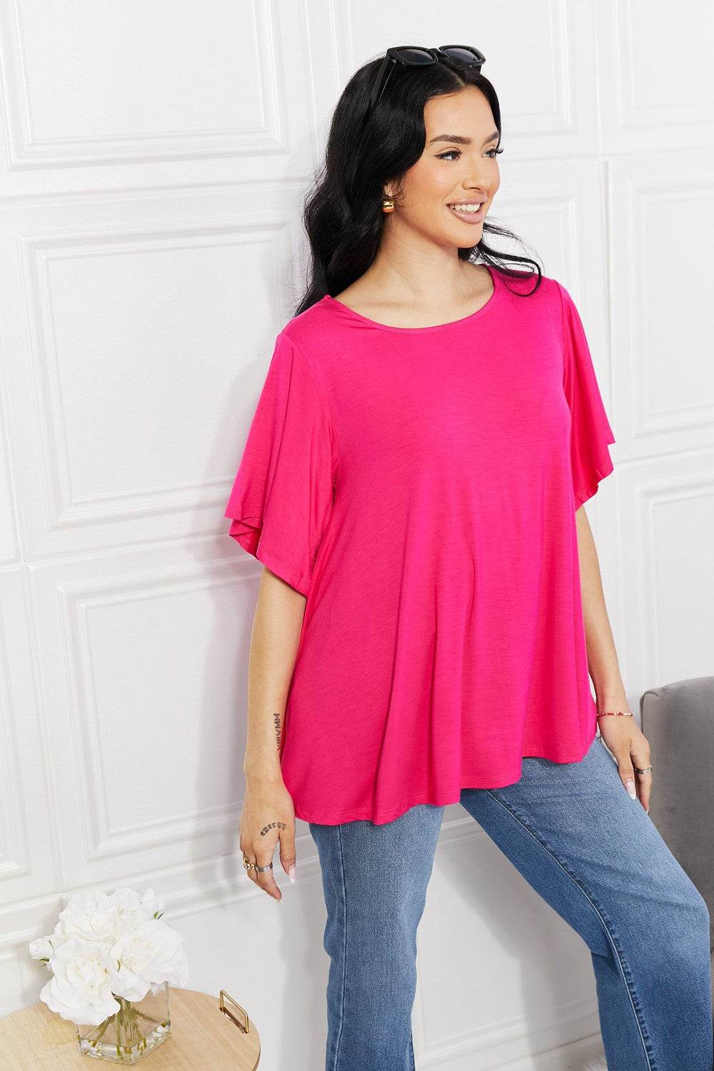 Yelete Full Size More Than Words Flutter Sleeve Top - DaTrendStore.Com