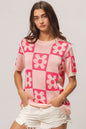 BiBi Flower Checker Pattern Short Sleeve Sweater