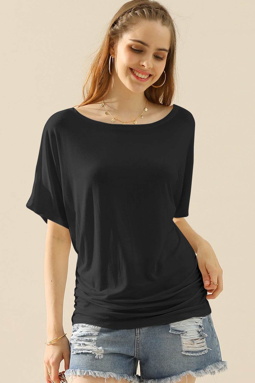 Ninexis Boat Neck Short Sleeve Ruched Side Top - DaTrendStore.Com