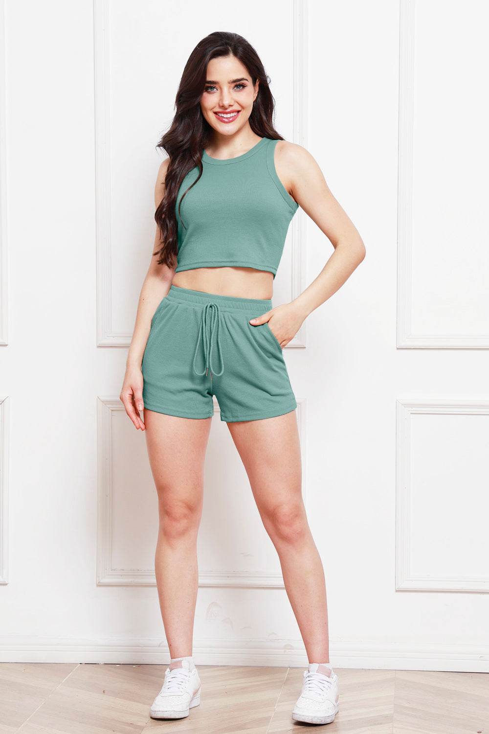 Round Neck Tank and Drawstring Shorts Set - DaTrendStore.Com