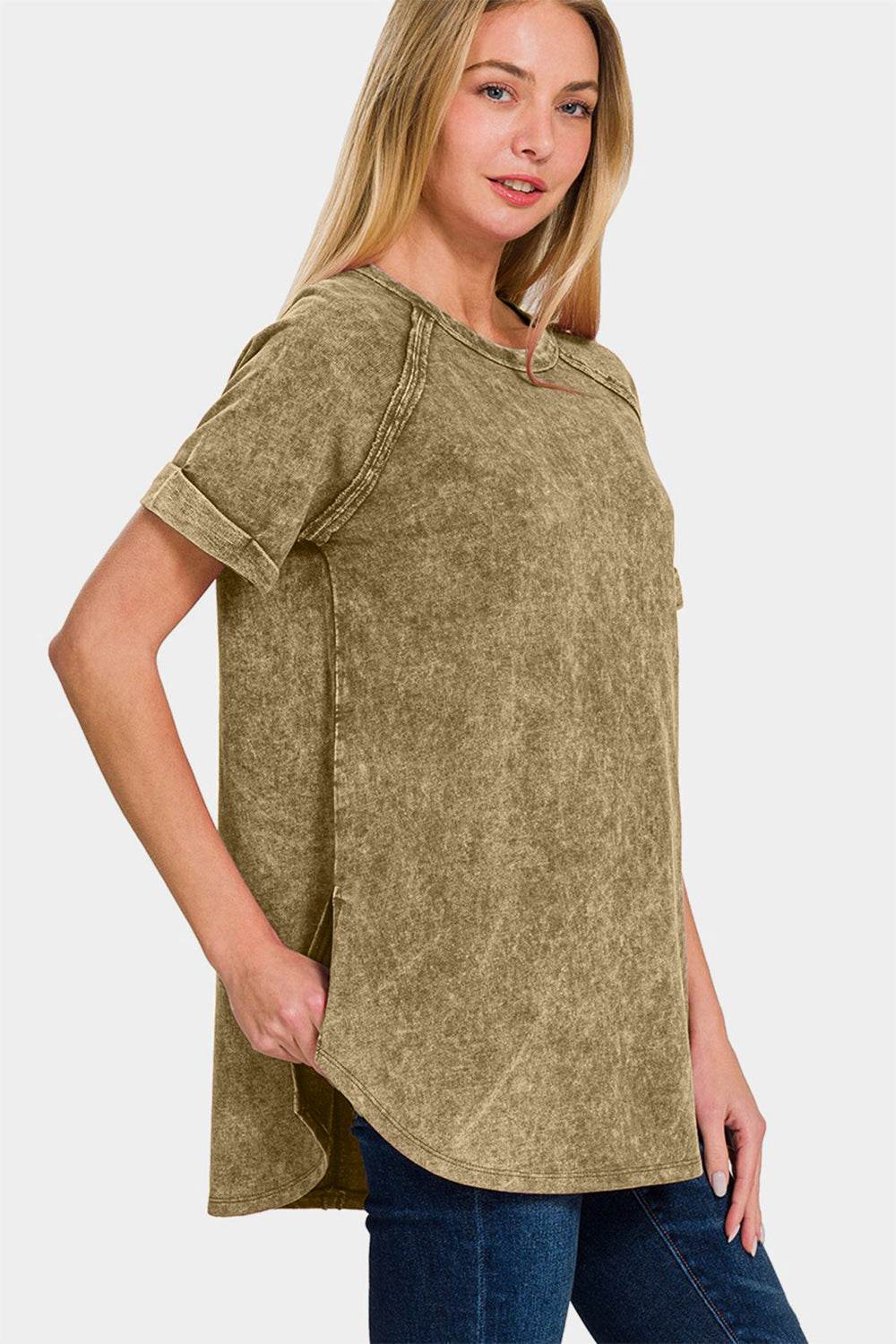 Zenana Heathered Round Neck Short Sleeve Top - DaTrendStore.Com