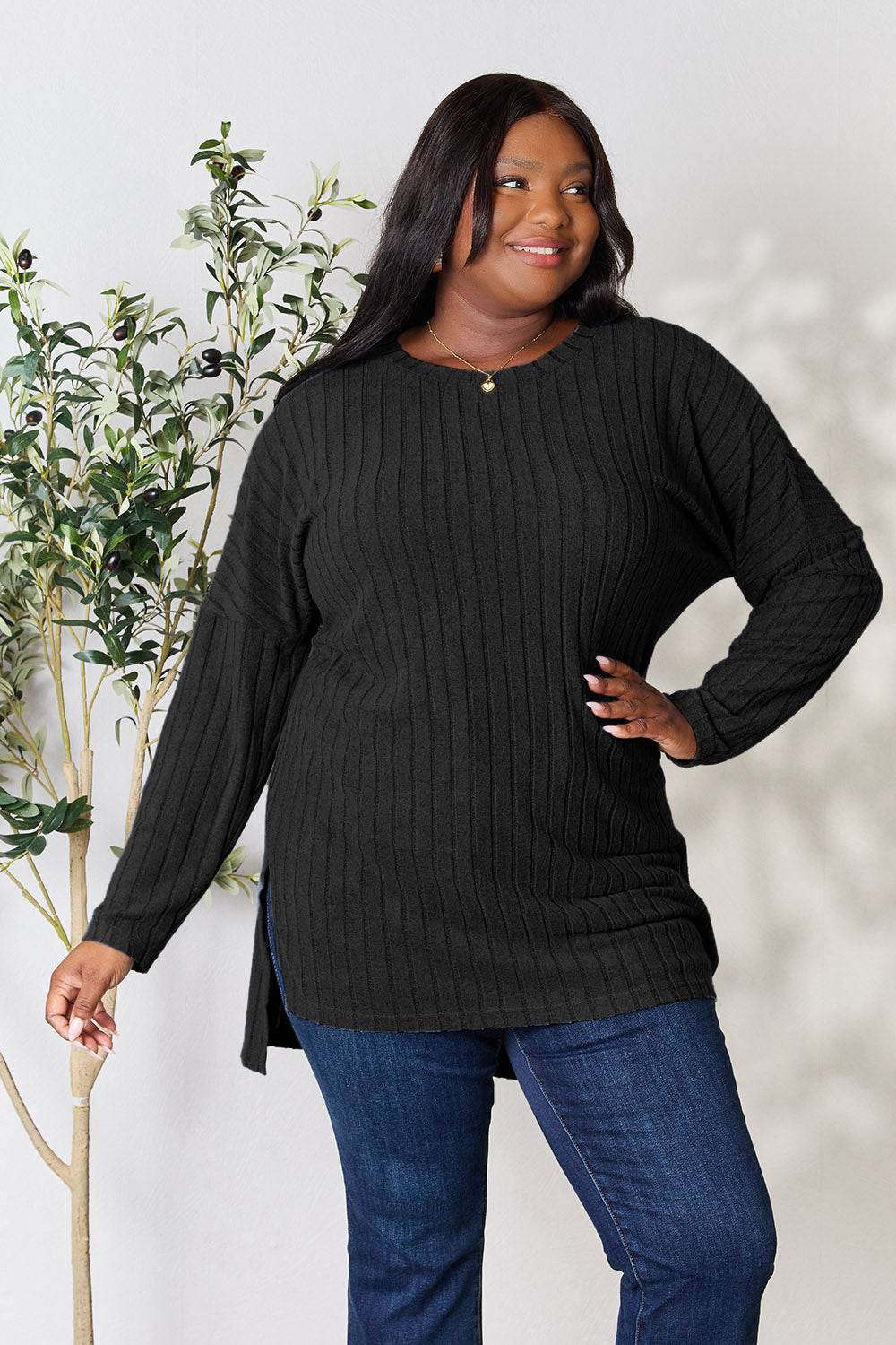 Basic Bae Full Size Ribbed Round Neck Long Sleeve Slit Top - DaTrendStore.Com