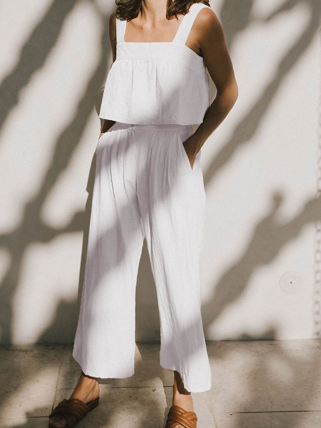 Square Neck Wide Strap Top and Pants Set - DaTrendStore.Com