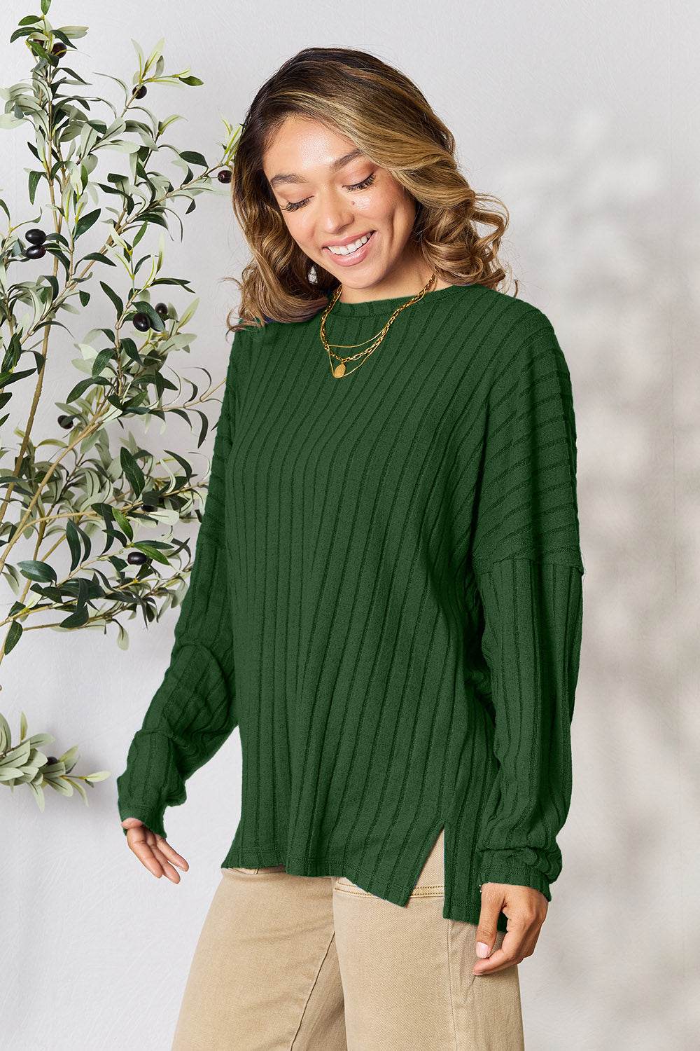 Basic Bae Full Size Ribbed Round Neck Slit Knit Top - DaTrendStore.Com