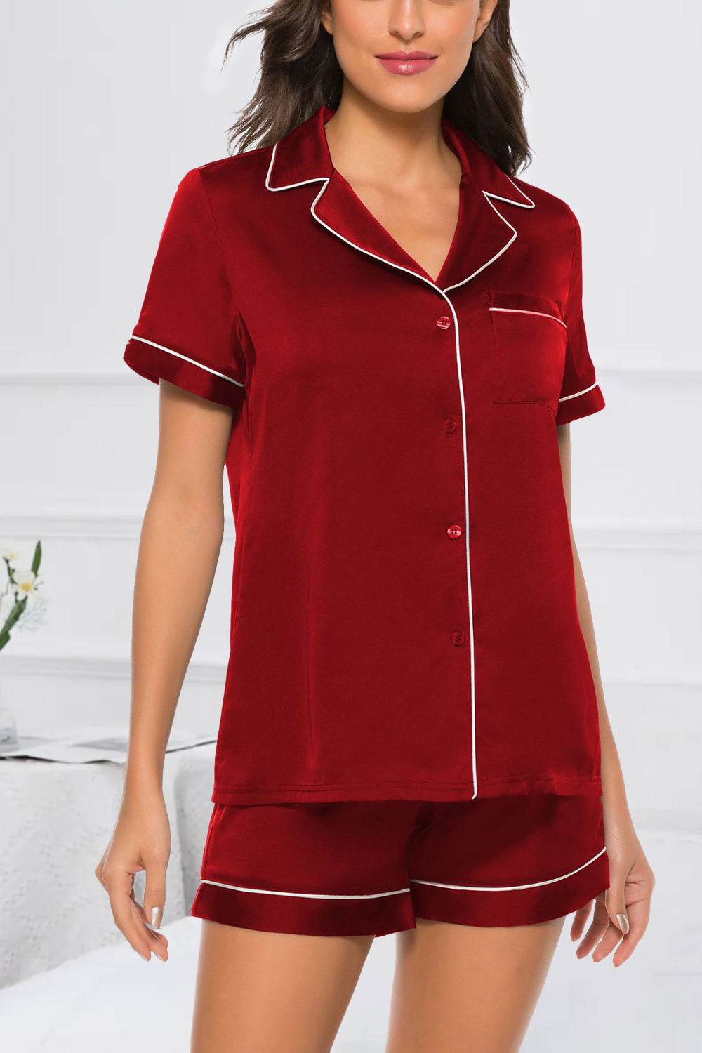 Printed Button Up Short Sleeve Top and Shorts Lounge Set - DaTrendStore.Com