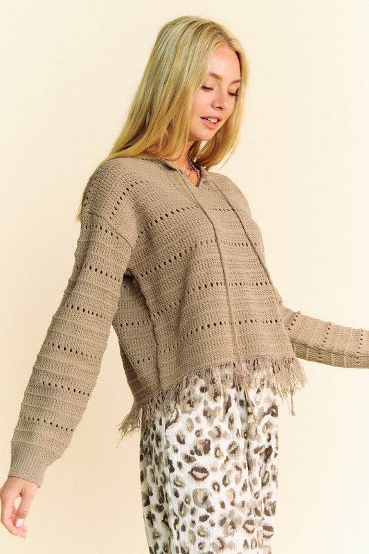 Davi & Dani Fringe Hem Openwork Drop Shoulder Knit Top - DaTrendStore.Com