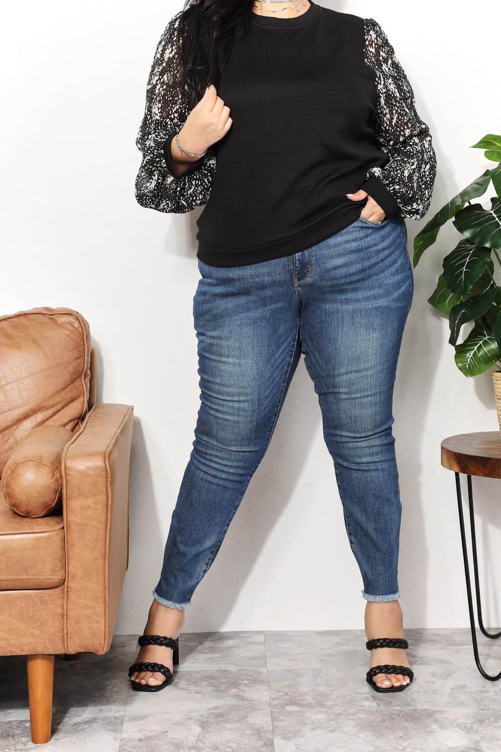 And The Why Full Size Foil Printed Sleeve Top - DaTrendStore.Com