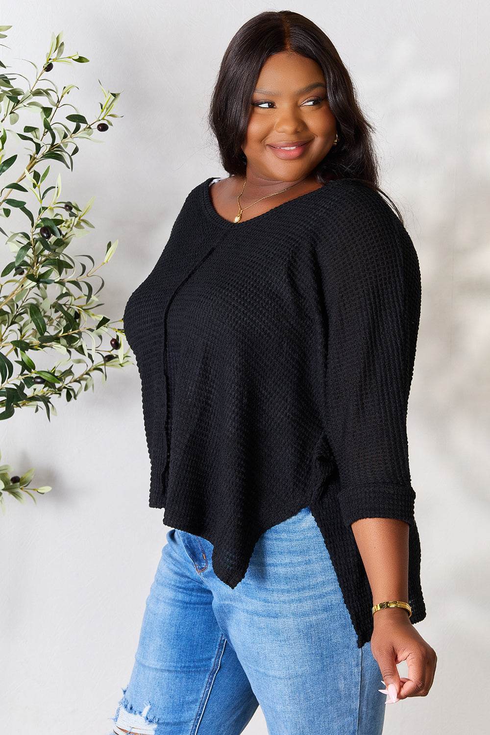 Zenana Full Size Round Neck High-Low Slit Knit Top - DaTrendStore.Com
