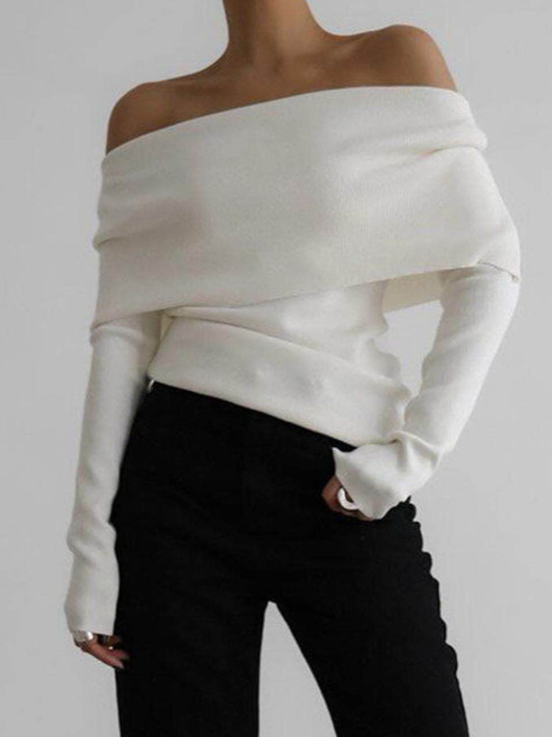 Off-Shoulder Long Sleeve Knit Top - DaTrendStore.Com