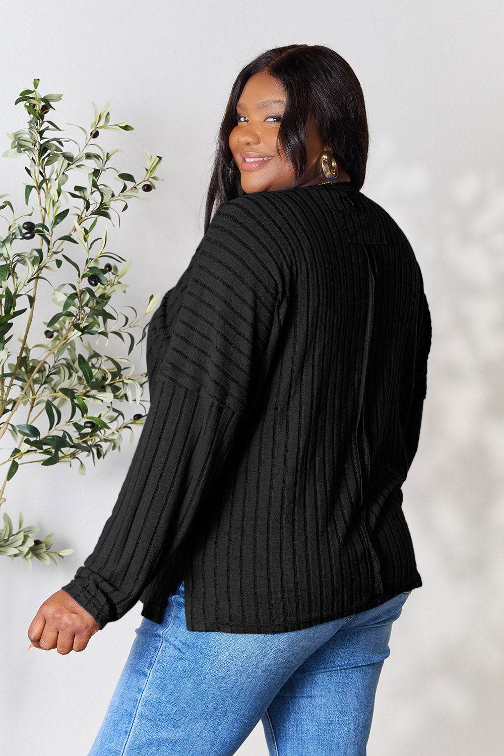 Basic Bae Full Size Ribbed Round Neck Slit Knit Top - DaTrendStore.Com