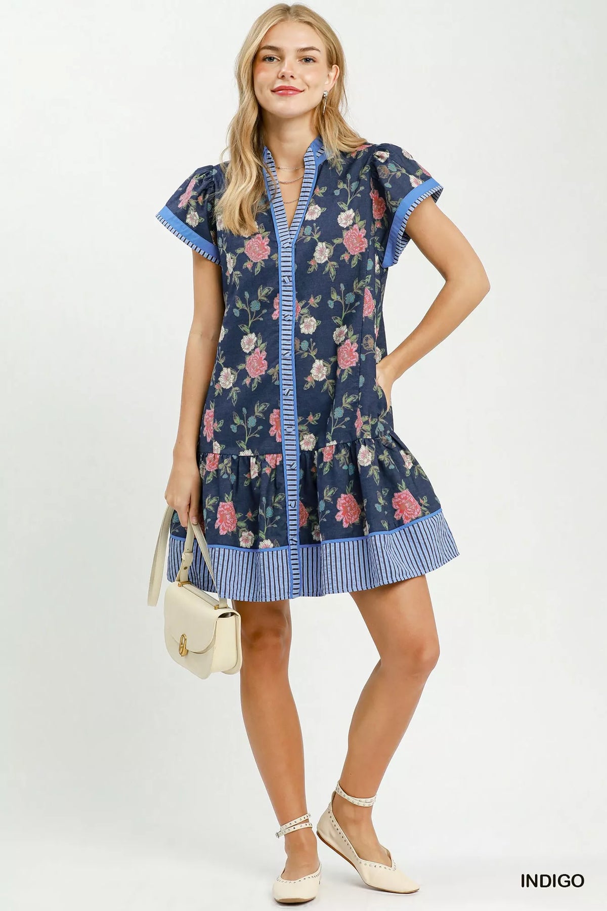 Umgee Floral Contrast Trim Ruffle Hem Mini Dress - Indigo