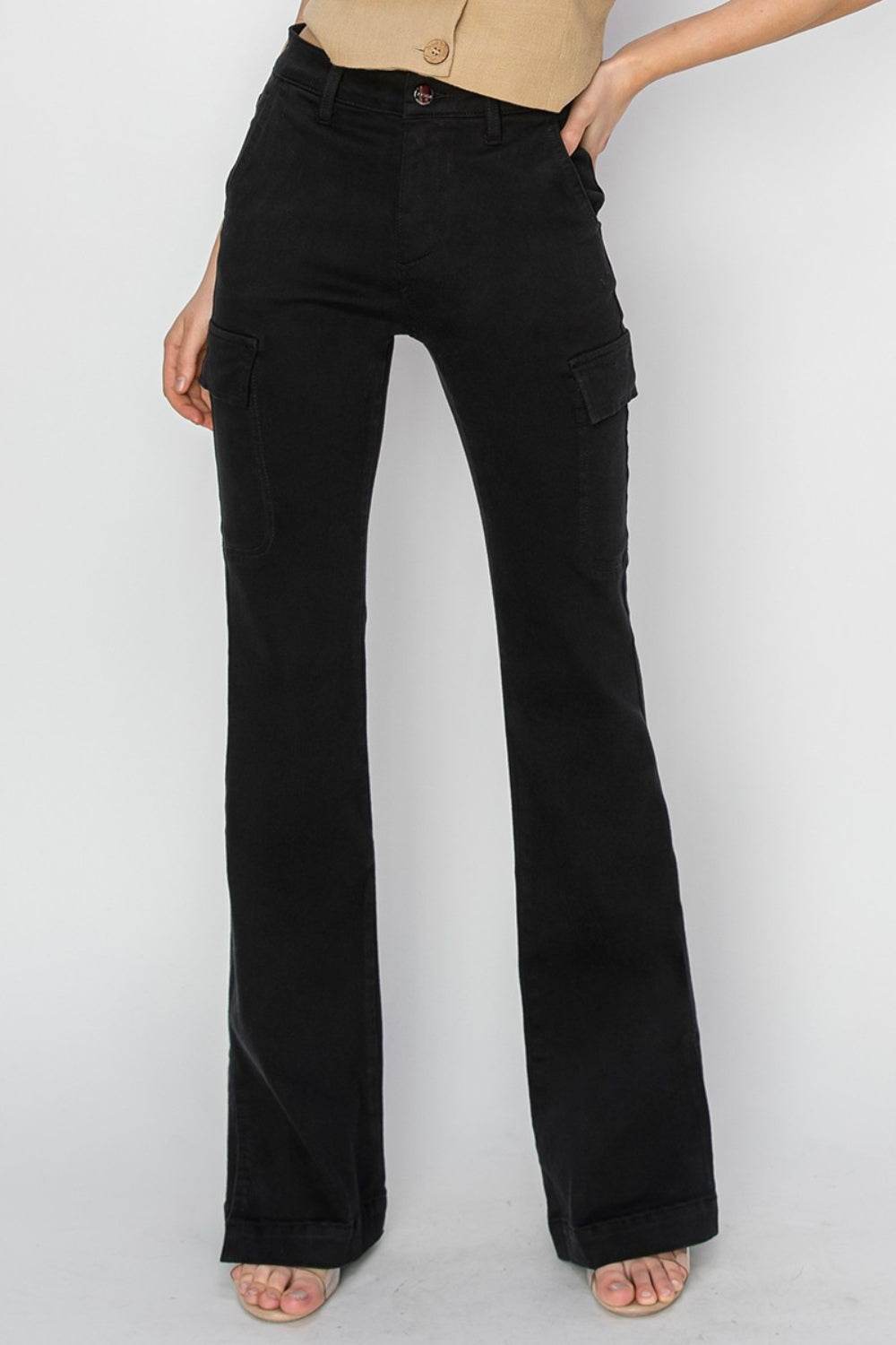 RISEN Full Size High Rise Side Slit Cargo Bootcut Jeans - DaTrendStore.Com