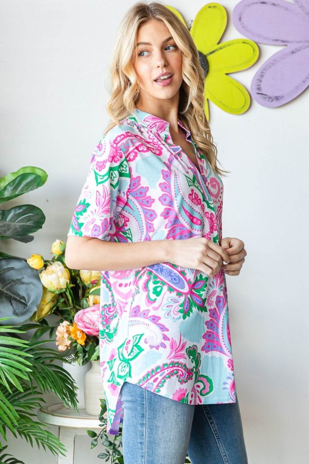 Heimish Full Size Paisley Print Short Sleeve Top - DaTrendStore.Com
