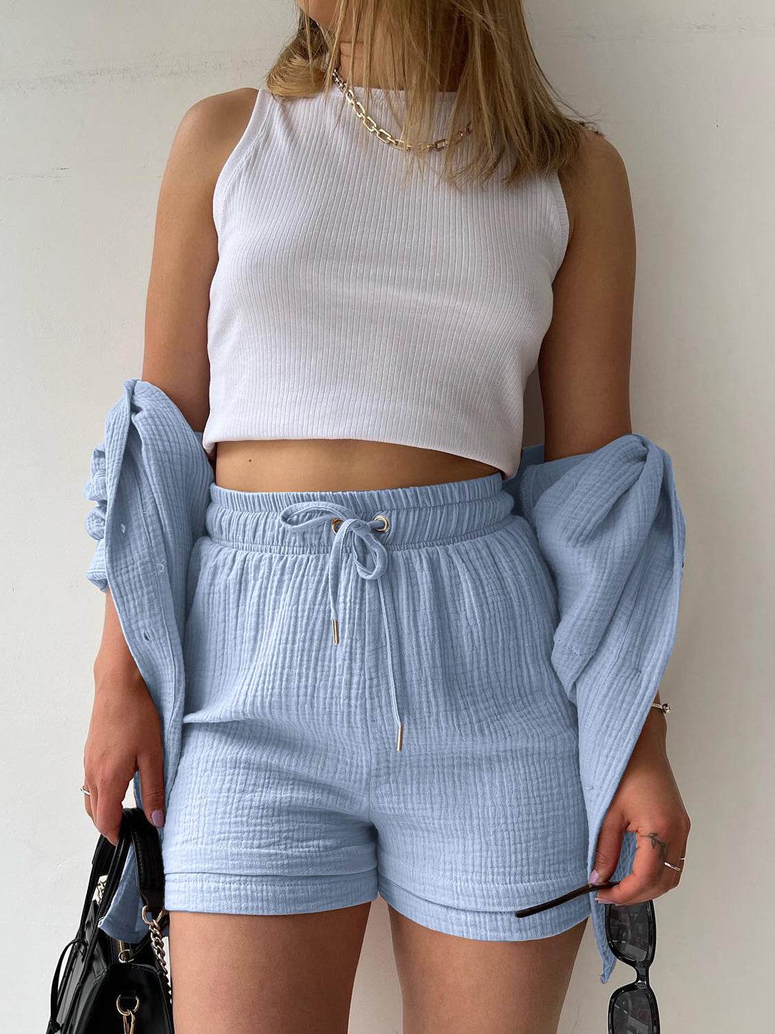 Texture Button Up Shirt and Drawstring Shorts Set - DaTrendStore.Com